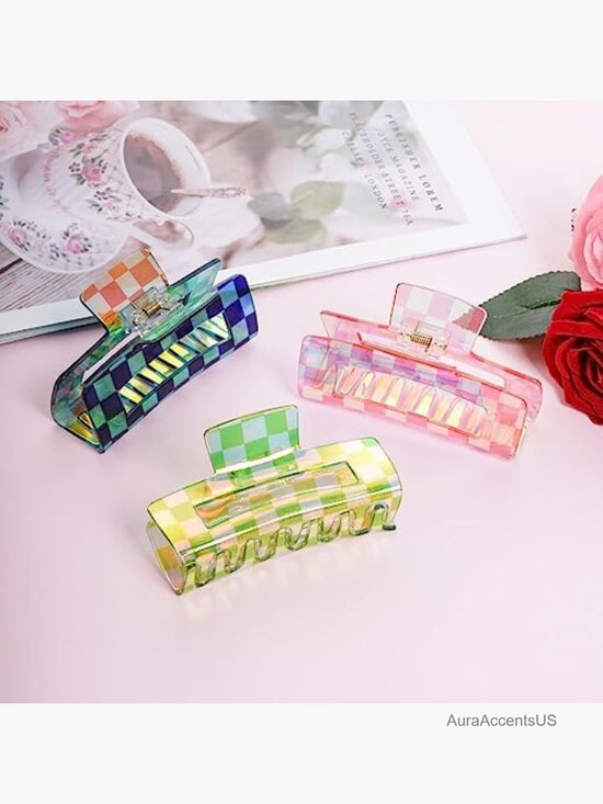 Checkered Hair Claw Clips for Thin Thick Hair Acrylic Strong Hold 6 Pack main image 2